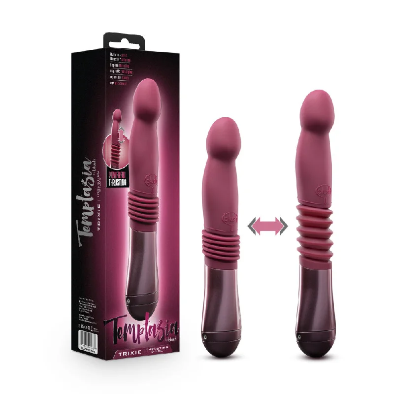 buckled bondage set-Dildo-confident-Temptasia By Blush® | Trixie Curved G-Spot Wine 10-Inch Long Thrusting Rechargeable Vibrating Dildo