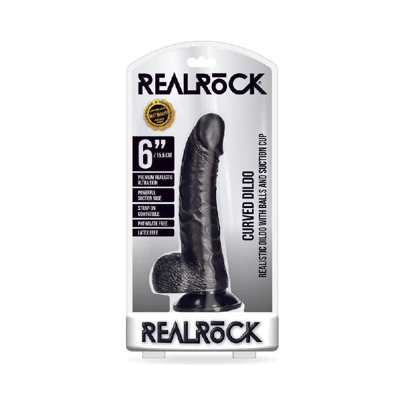 tasseled lingerie top-Dildo-stared-Realrock Curved Realistic Dildo With Balls And Suction Cup 6 In. Dark