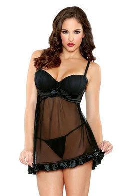 soft balconette bra-Shirred Cup Babydoll and  Panty Set - Black - Medium-Large