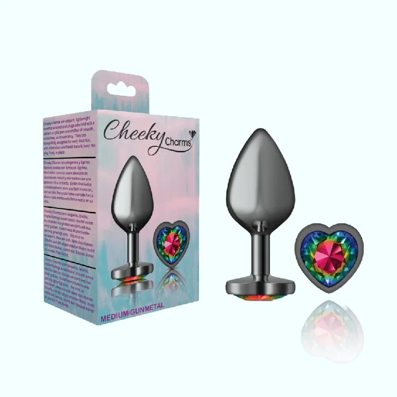 anal toys with deep reach-Cheeky Charms Gunmetal Metal Medium Butt Plug - Heart-Shaped Rainbow