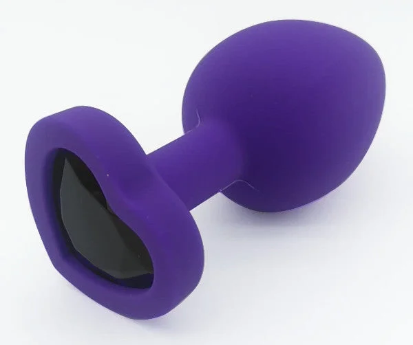 cock ring duo design-Heart Shaped Purple Silicone Butt Plug with Black Gem - Large