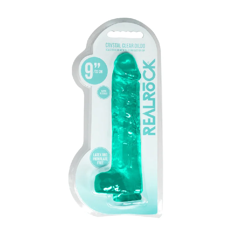 metallic mesh corset-Dildo-peaceful-Realrock Crystal Clear  Realistic Dildo With Balls 9 In. Turquoise