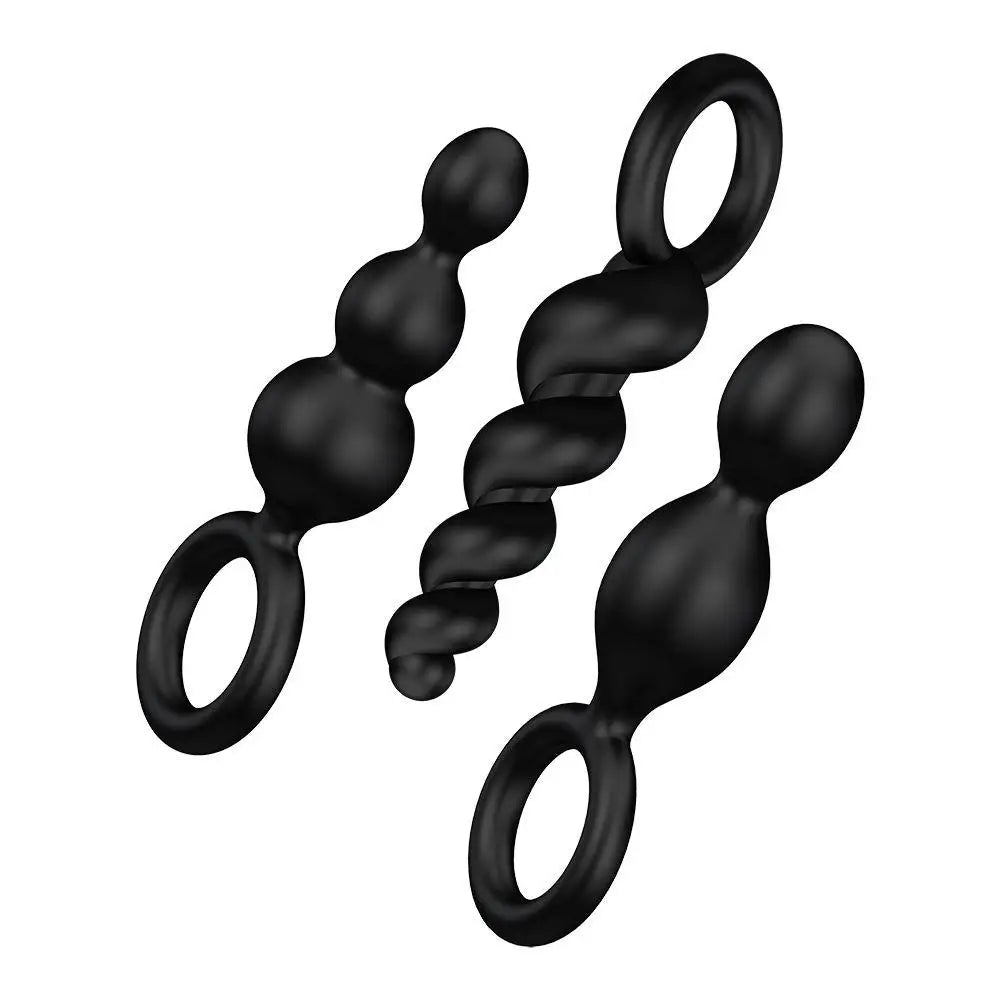 cock ring vivid design-Satisfyer Pro Silicone Black Set of 3 Butt Plugs with Finger Loop