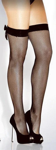 soft chevron bra-Fishnet Thigh High With Satin Bows - Black