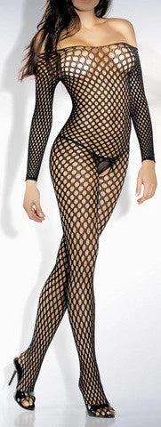 star print panties-Long Sleeve Crochet Net Bodystocking - Black