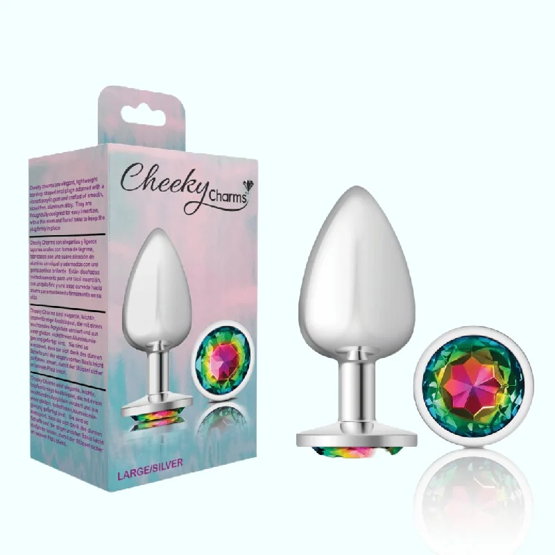 anal toys for next-day shipping-Cheeky Charms Silver Large Metal Butt Plug - Round-Shaped Rainbow