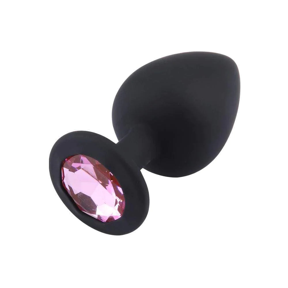 cock ring max finish-Black Silicone Butt Plug with Round Gem Medium - Pink