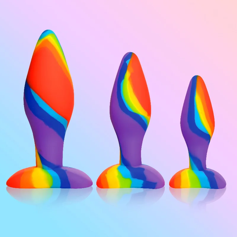 cock ring rugged grip-3pc Rainbow Silicone Butt Plug Set