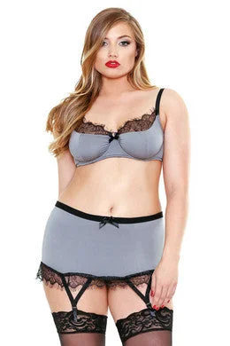 soft pinstripe bra-Eyelash Lace Trim Bra Set -  Grey - 3x-4x