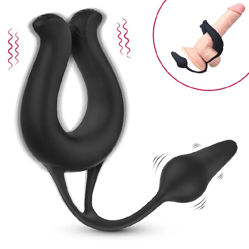 anal toys with silky pouch-9 Modes Vibrating Cock Ring & Anal Plug Massager