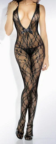 multiway strap bra-Lace Floral Deep-V Front Bodystocking With Rhinestone - Black