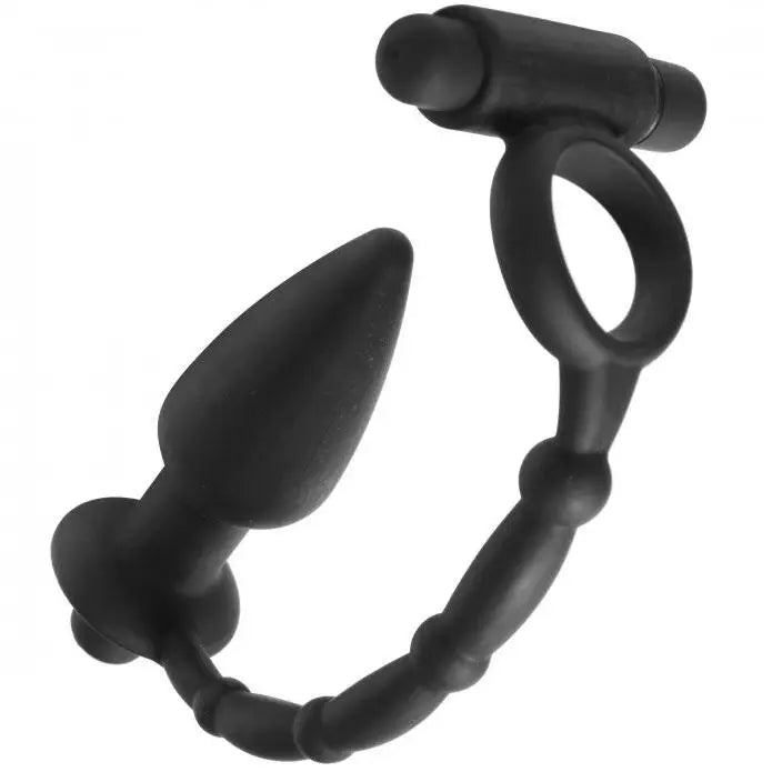 cock ring max texture-Master Series Black Waterproof Vibrating Cock Ring with Butt Plug