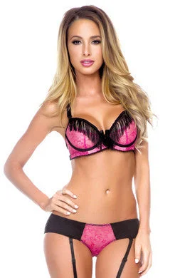 satin v-neck bra-Fringe Bra and Cut out Panty  Set - Black and Pink - Medium -large