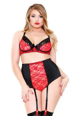 satin sleep top-Fringe Bra and Cutout Panty  Set - Black and Red - 1x-2x