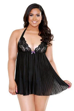 high-waisted mesh bra-Pleated Halter Lace Up Cup  Chemise Set- Black - 3x-4x