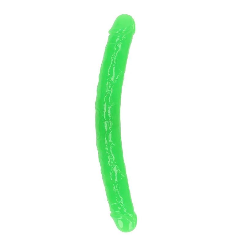 penis-discomfort-after-workout-RealRock Glow in the Dark Double Dong 15 in. Dual-Ended Dildo Neon Green