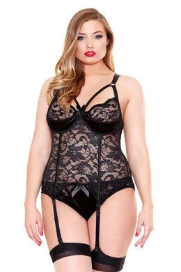 sheer zigzag teddy-Lace and Satin Bustier Set -  Black - 1x-2x