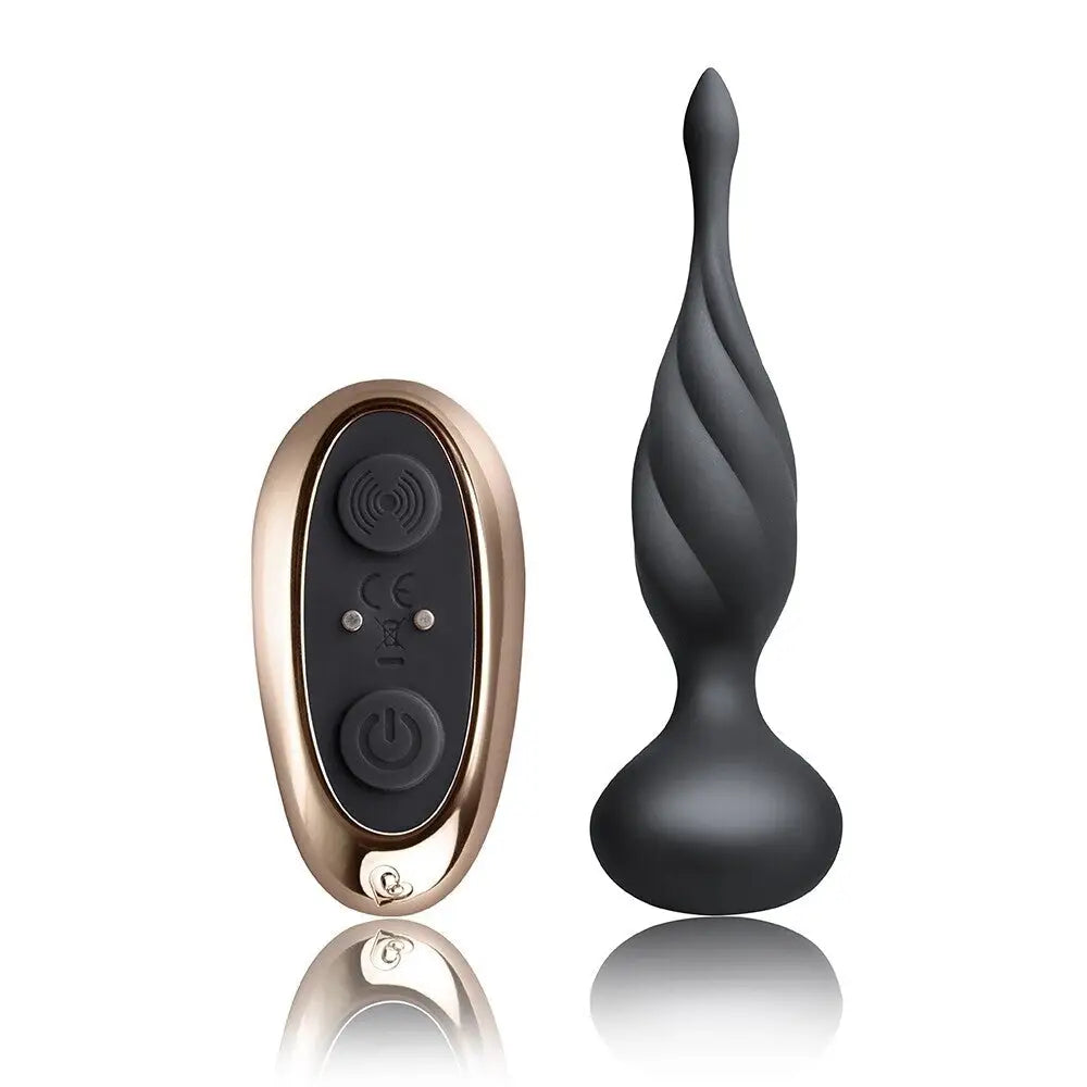 cock ring duo design-5.5-inch Rocks off Silicone Black Rechargeable Butt Plug with Remote