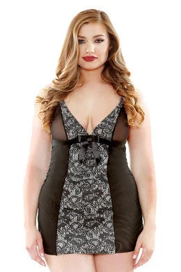 floral pinstripe nightie-Dark Floral Panel Chemise  Set - Black - 3x-4x