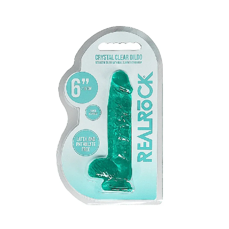 lace riveted teddy-Dildo-bold-Realrock Crystal Clear Realistic Dildo With Balls 6 In. Turquoise