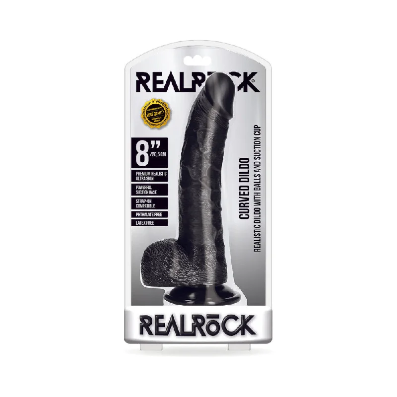 feather-light briefs-Dildo-studied-Realrock Curved Realistic Dildo With Balls And Suction Cup 8 In. Black