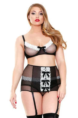 leatherette teddy red-3-piece Bra and Highwaisted  Garterbelt Set - Black and  White - 1x-2x