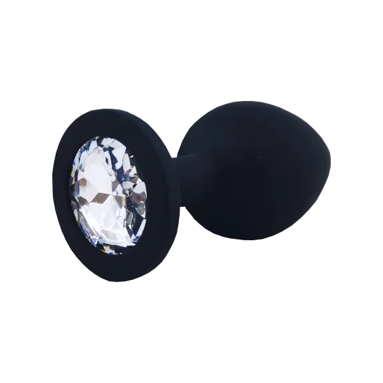 cock ring instant finish-Everyday Sexy Black Silicone Butt Plug with Round Gem Large - Clear