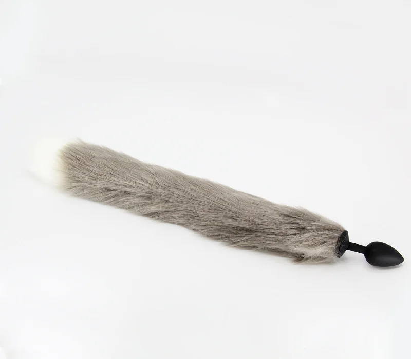 cock ring ultra finish-Love in Leather Deluxe Silicone Small Black Butt Plug with Grey and White Faux Fur Fox Tail