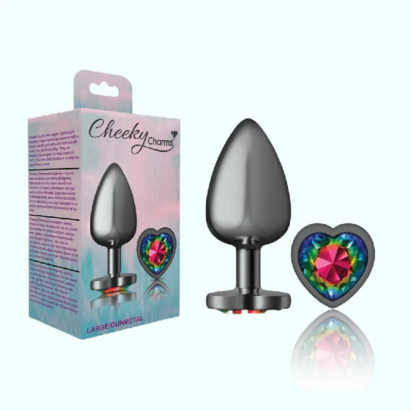 anal toys for covert fun-Cheeky Charms Gunmetal Large Metal Butt Plug - Heart-Shaped Rainbow