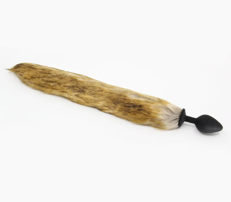 cock ring added finish-Love in Leather Deluxe Silicone Small Black Butt Plug with Faux Fur Brown Animal Print Fox Tail