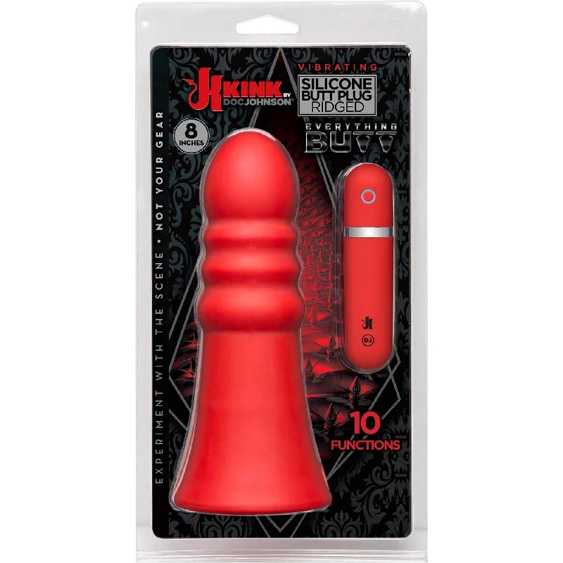 cock ring duo texture-Vibrating Silicone Butt Plug - Ridged 8" - Red