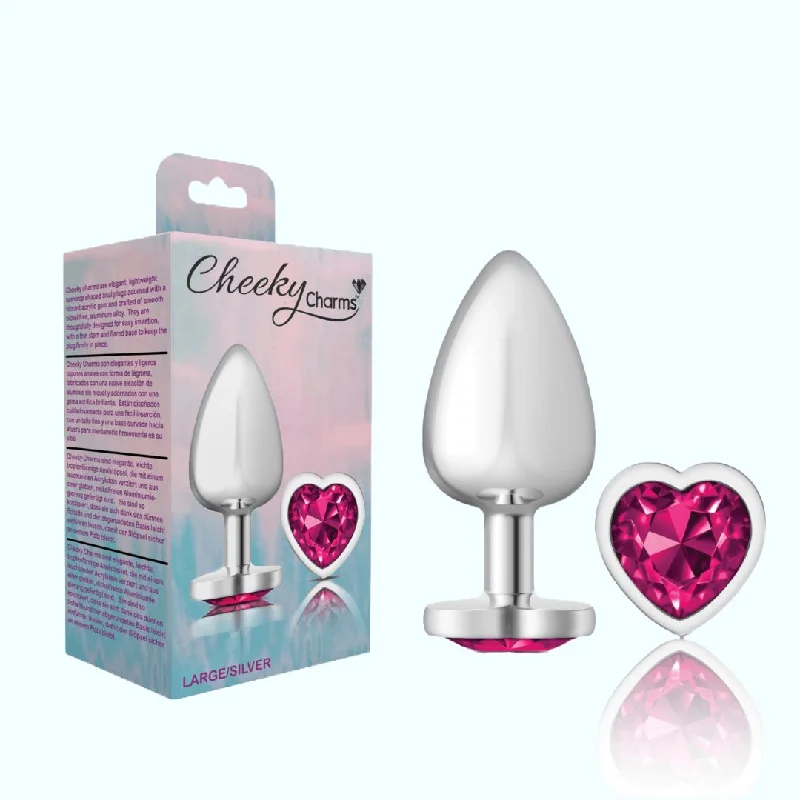 anal toys for chill bliss-Cheeky Charms Silver Large Metal Butt Plug - Heart-Shaped Bright Pink