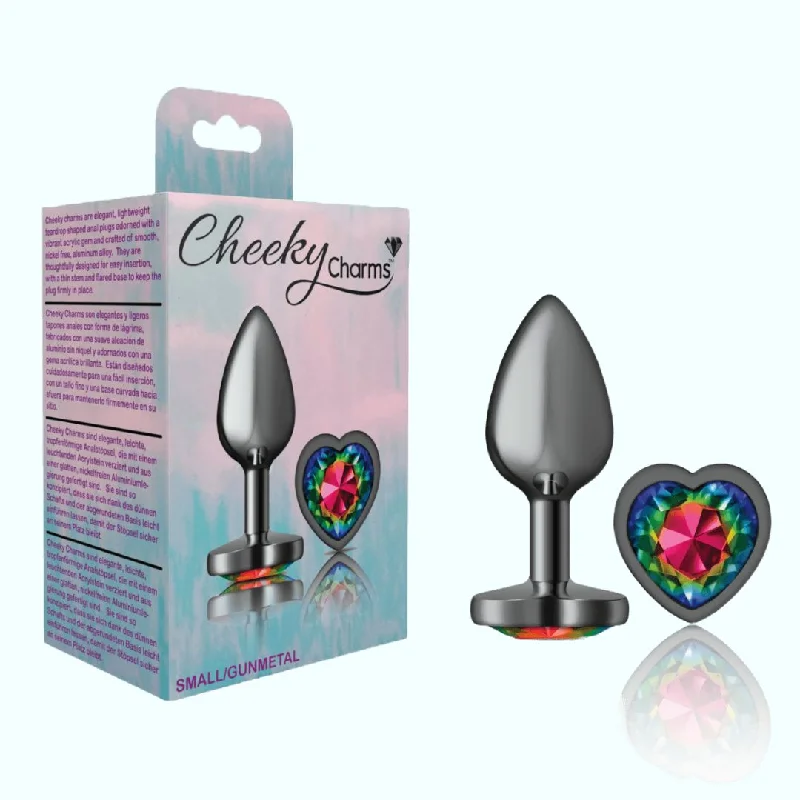 anal toys with bulky shaft-Cheeky Charms Gunmetal Small Metal Butt Plug Heart-Shaped Rainbow