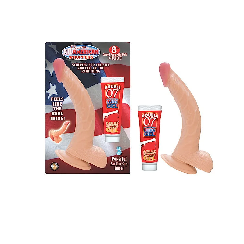 penis-exercise-safety-guide-All American Whoppers 8 in. Curved Dong with Balls + Lube